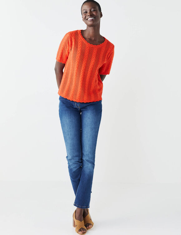 Pull festonn&eacute; col rond manches coudes, maille ajour&eacute;e fantaisie (orange)