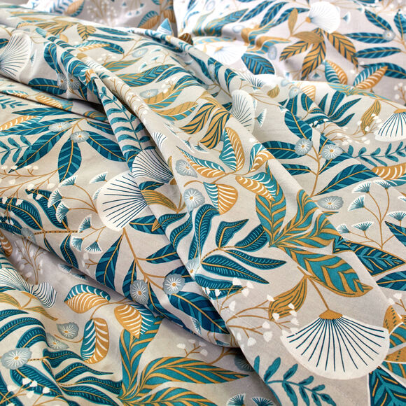 Linge de lit imprimé Hélène coton (bleu paon)
