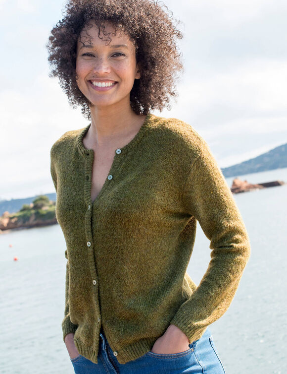 Gilet boutonné, laine et mohair mélangés (vert mousse)