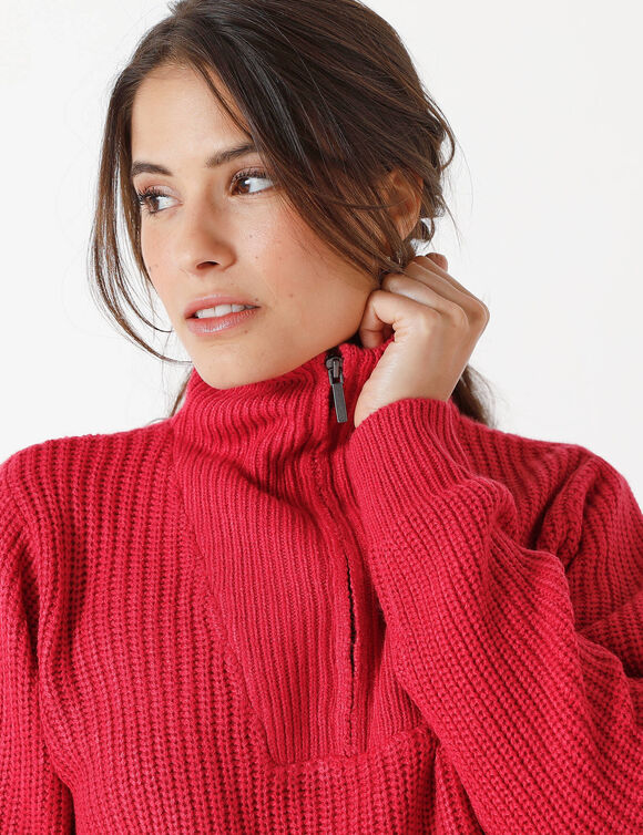 Pull col camionneur zippé maille anglasie (framboise)