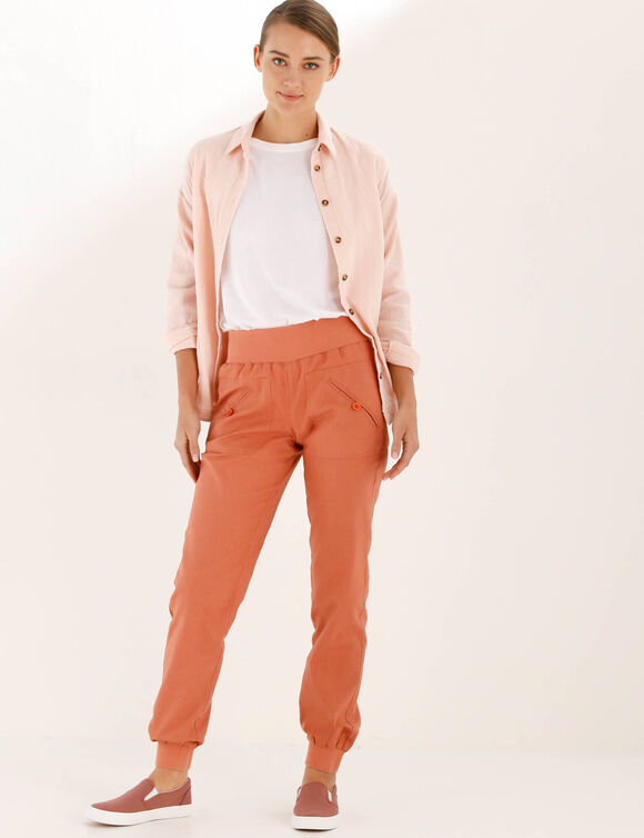 Pantalon blousant taille &eacute;lastiqu&eacute;e, lin coton (corail)