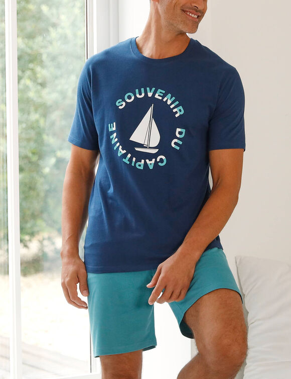 Pyjama-T-shirt met korte mouwen en bootmotief (marine / aqua)