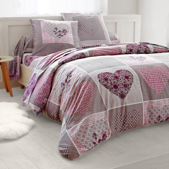 Linge de lit Lovely en coton imprim&eacute; coeurs (gris / parme)