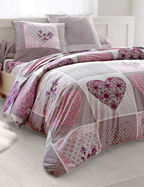 Linge de lit Lovely en coton imprim&eacute; coeurs (gris / parme)