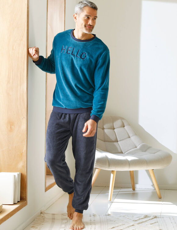 Pyjama "Hello" en maille polaire, toucher peluche (bleu paon)
