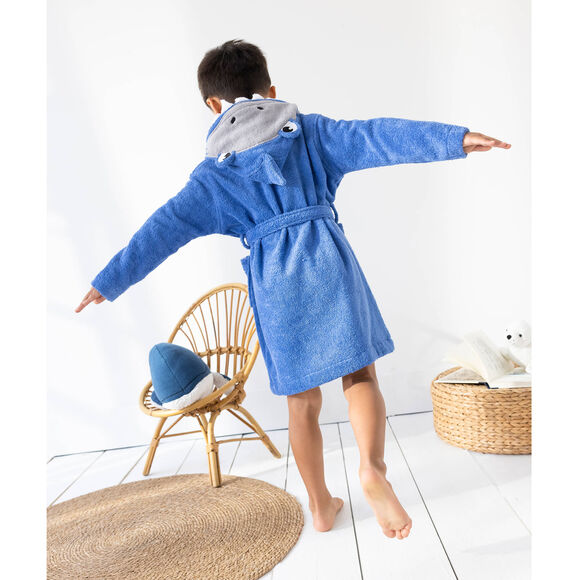 Kinderbadjas met haaiennmotief en kap, personaliseerbaar - 340 g/m² (felblauw)