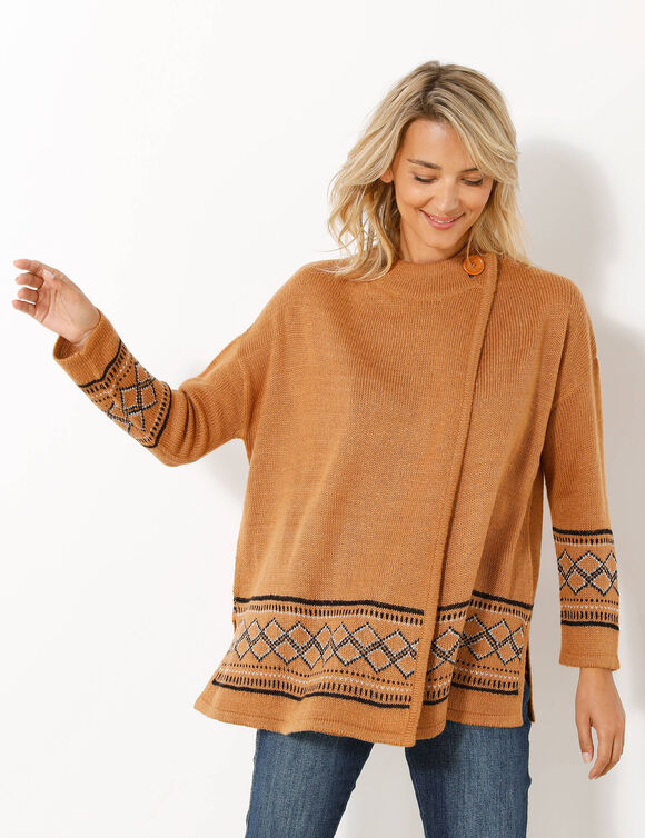 Gilet cape base jacquard, col montant (noisette)