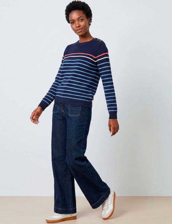 Pull col rond ray&eacute; marini&egrave;re, boutons &eacute;paule (marine / bleu)