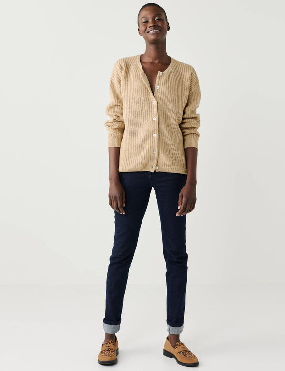 Cardigan &agrave; boutons paillet&eacute;s, maille anglaise (sable)