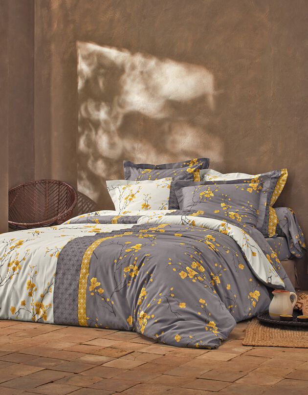 Linge de lit Kimori en polycoton imprimé fleurs de cerisier (gris) Linge de lit Kimori en polycoton imprimé fleurs de cerisier (gris)