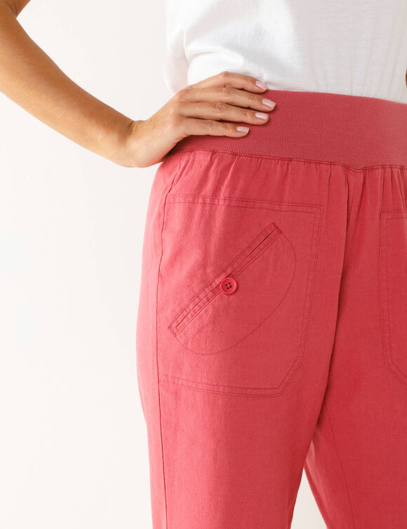 Pantalon coupe droite 7/8ème taille élastiquée, lin coton (framboise)