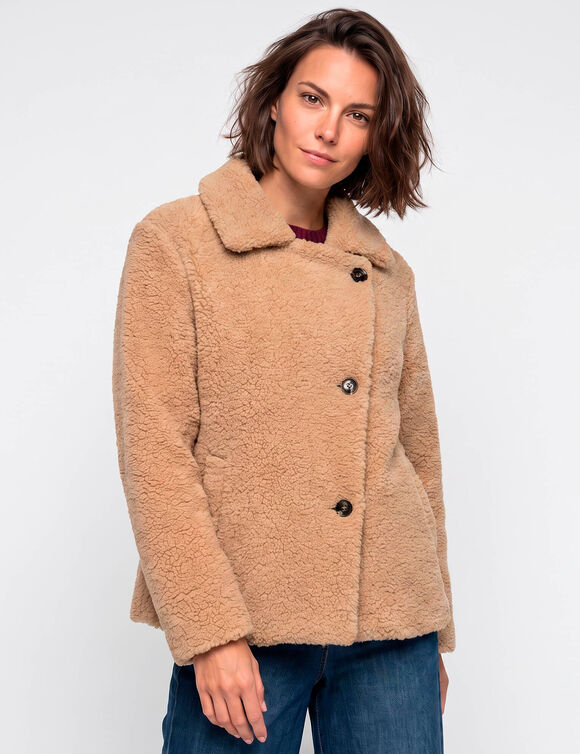 Manteau court maille bouclette col tailleur (beige)