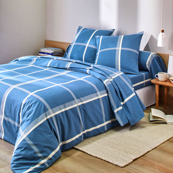 Linge de lit César en coton imprimé carreaux (bleu)