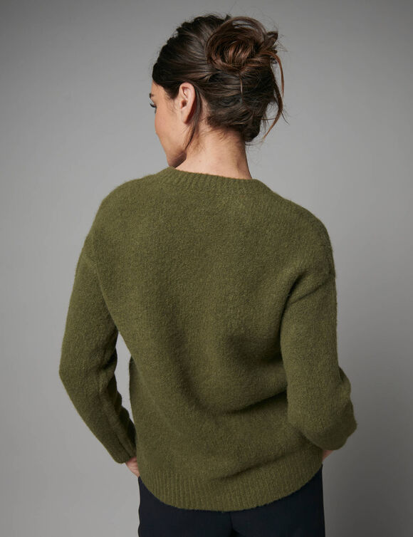 Gilet maille moelleuse en laine m&eacute;lang&eacute;e, d&eacute;tails imprim&eacute; l&eacute;opard (vert)