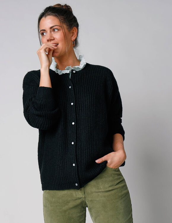 Cardigan boutons perles fantaisie, maille anglaise toucher doux (noir)