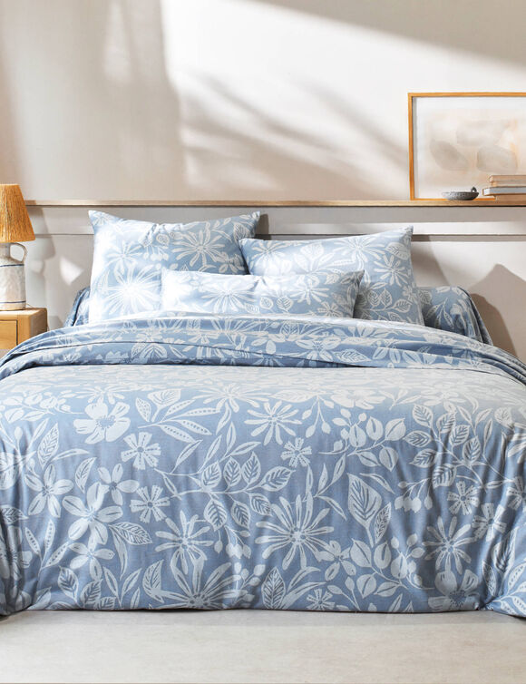 Linge de lit C&eacute;line en flanelle imprim&eacute; floral (bleu gris&eacute;)