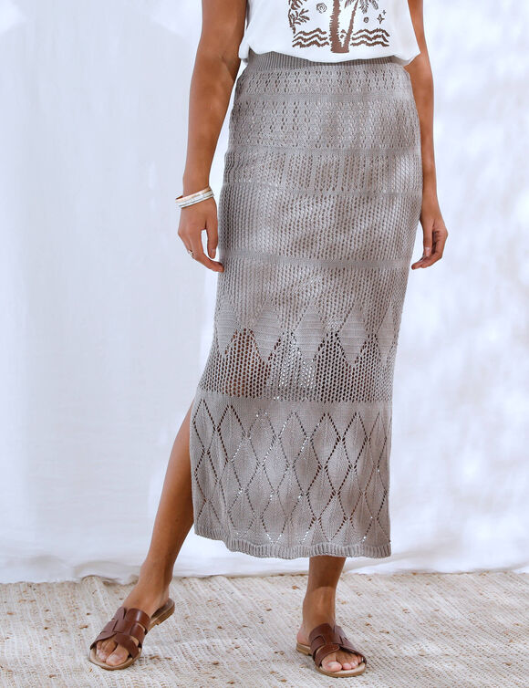 Jupe longue coupe droite effet crochet, doublée (taupe)