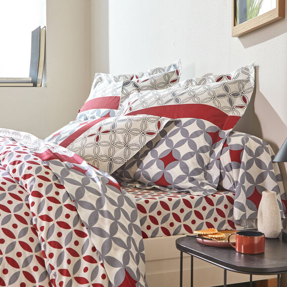 Linge de lit Marlow coton, imprimé géométrique (gris / rouge)