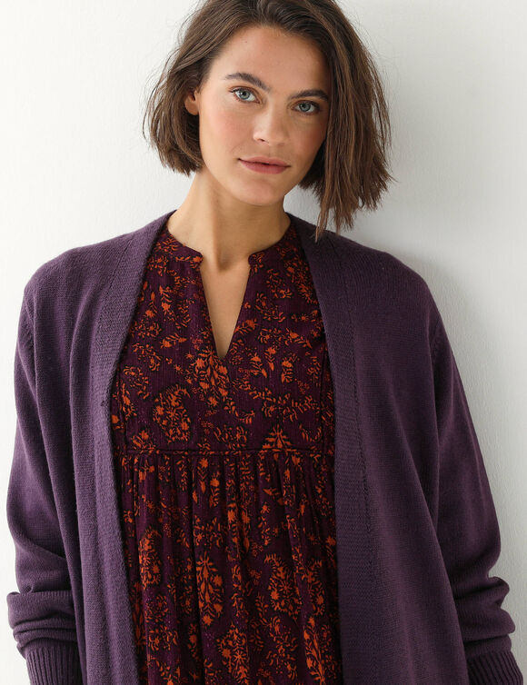 Gilet long porter ouvert, col V (prune)