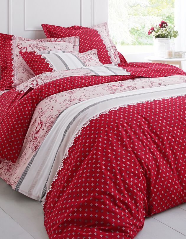 Linge de lit Gabrielle en coton imprimé pois, fleurs et dentelle, rouge, hi-res