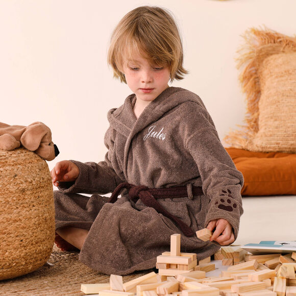 Personaliseerbare "hond" kinderbadjas met kap, katoenen badstof - 340 g/m&sup2; (chocolade)