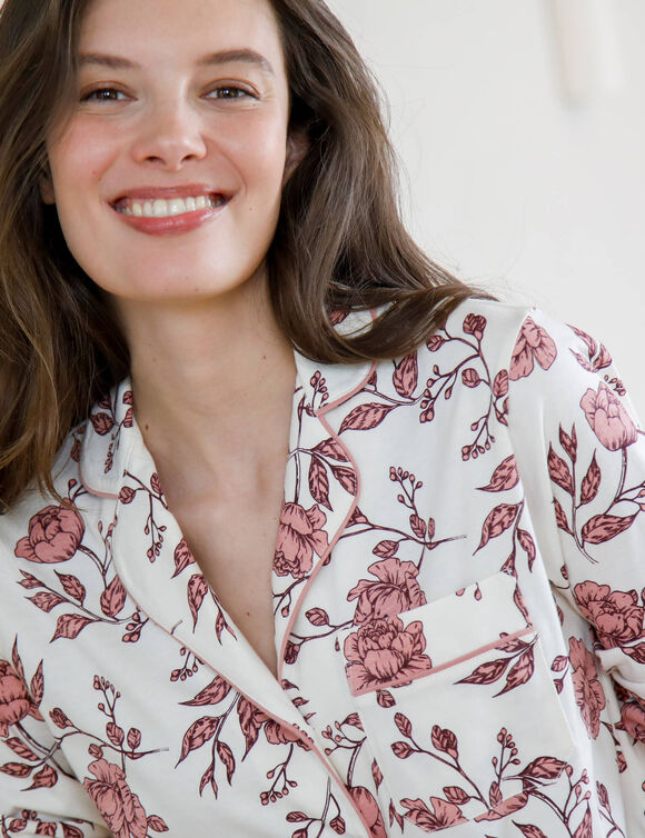 Pyjama met getailleerde kraag en lange mouwen, floraal bedrukt (ecru / roze)
