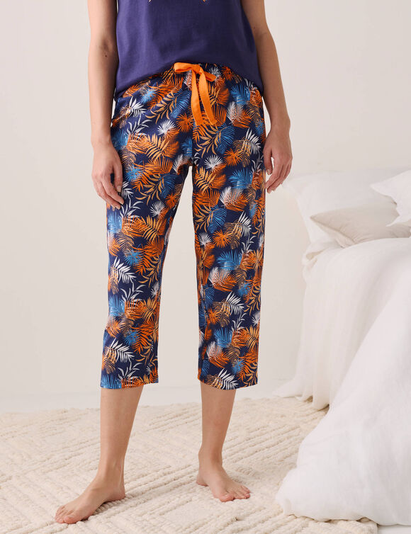 Pantacourt de pyjama en coton - imprim&eacute; tropical (marine / orange)