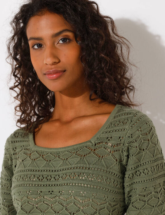 Pull col carré uni, maille ajourée (kaki)