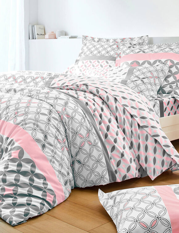 Linge de lit Marlow en coton motifs géométriques (gris / rose)