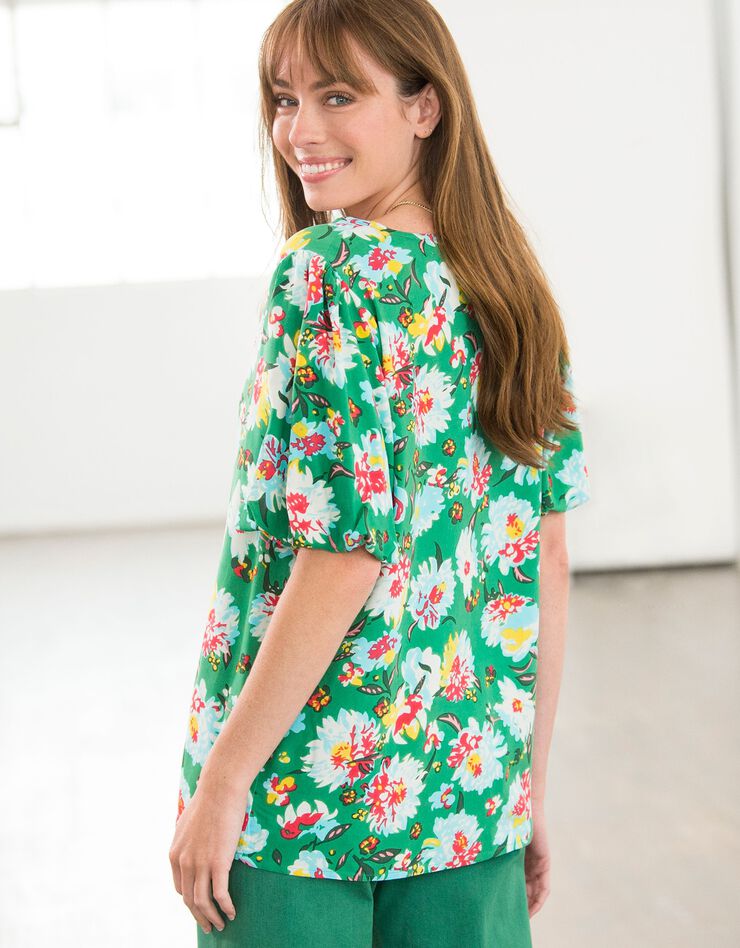 Blouse imprimée fleurs manches courtes "ballon" (vert)