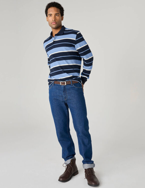 Polo ray&eacute;e maille piqu&eacute;e manches longues  (marine / ciel)