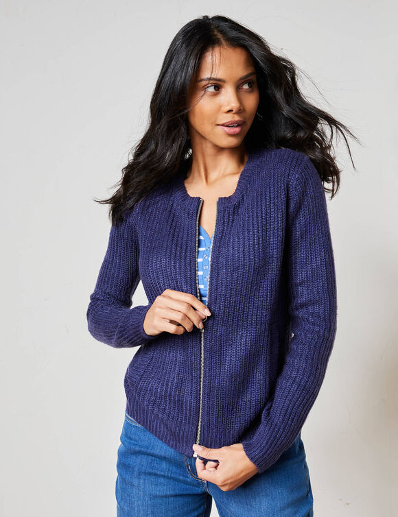 Gilet zipp&eacute;, maille anglaise (marine)