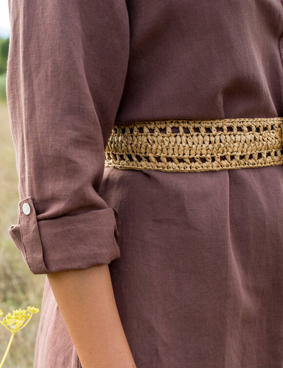 Robe chemise en coton-lin, manches retroussables (marron)