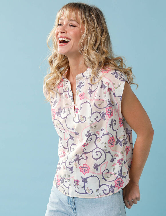 Chemisier sans manche Sp&eacute;cial Petite, coton souple imprim&eacute; cachemire (&eacute;cru / lilas)