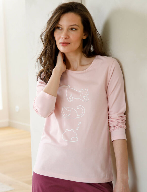Pyjama met lange mouwen, met kattenprint &ndash; set van 2 (laguneblauw + roze)