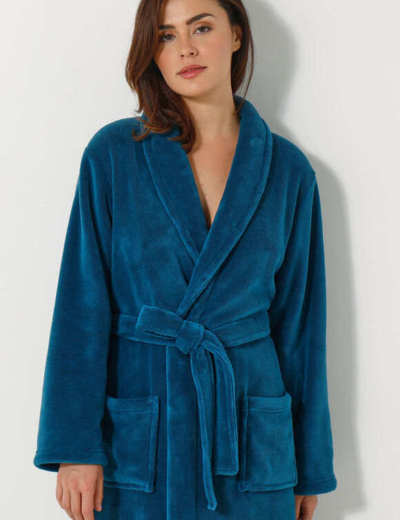 Peignoir mixte adulte col châle, microfibre toucher peluche (bleu paon)