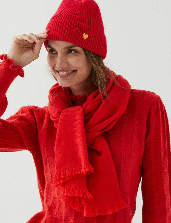Bonnet en maille, d&eacute;tail coeur brod&eacute; brillant (rouge)