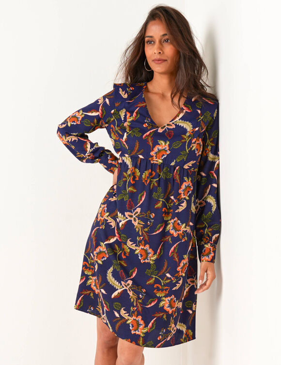Robe évasée, crêpe imprimé (marine / beige)