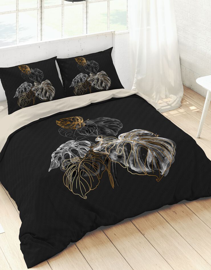 Linge de lit Ginkgo coton motif feuilles (noir / écru)