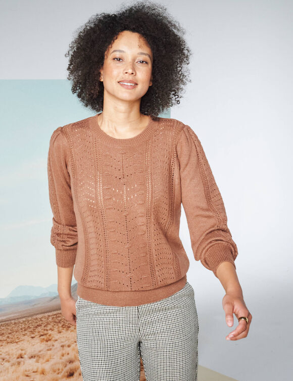 Pull col rond, maille fantaisie toucher doux (chocolat)