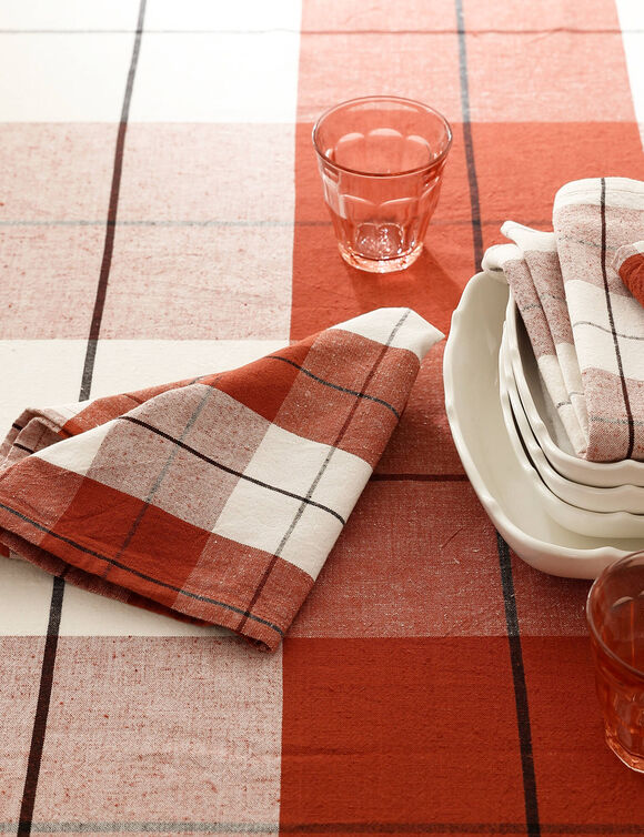 Nappe carreaux coton lin tiss&eacute; teint (terracotta)