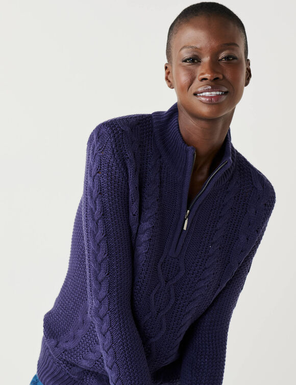 Pull col montant zipp&eacute;, maille torsad&eacute;e (bleu marine)