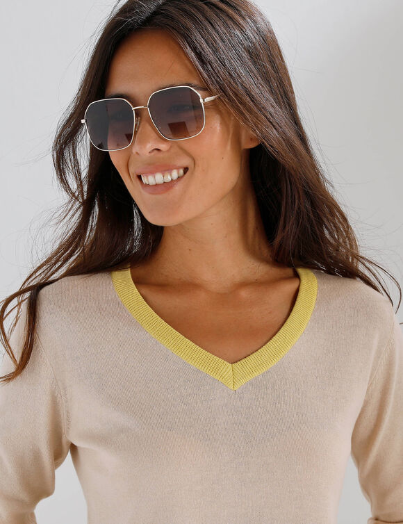 Pull col V bicolore (beige / geel)
