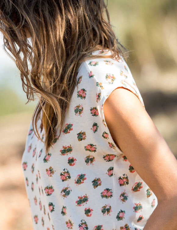 T-shirt col V imprimé, coton lin (écru / rose)