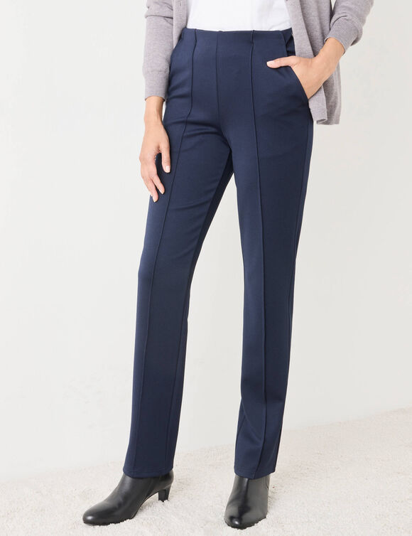 Pantalon droit effet ventre plat, maille (marine)