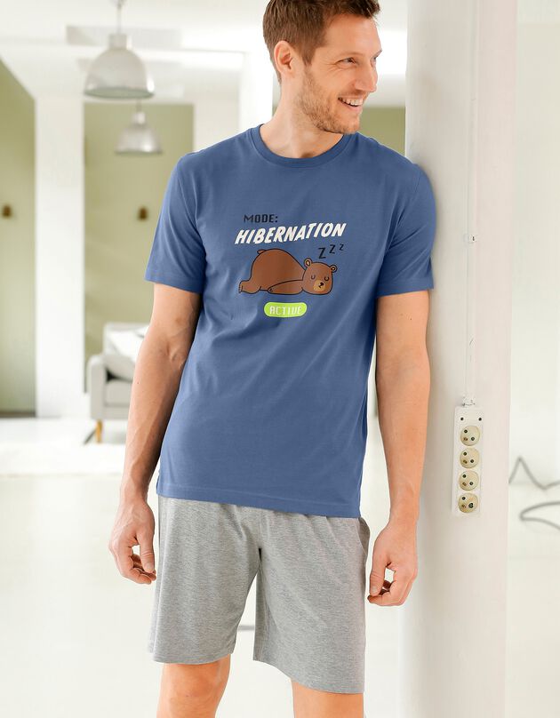 Pyjashort manches courtes imprimé poitrine "hibernation", bleu, hi-res