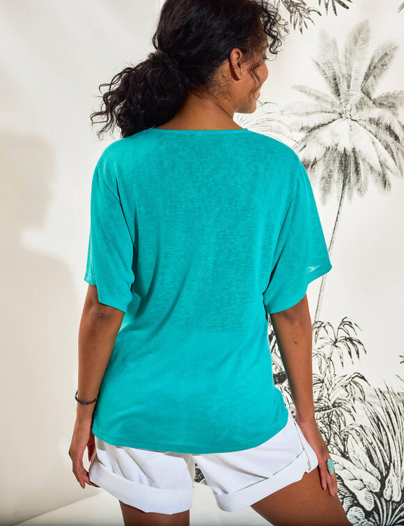 Tunique col macram&eacute;, manches courtes (turquoise)