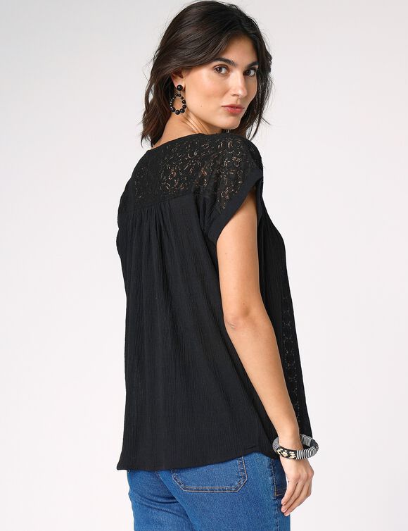 Blouse macram&eacute;, cr&eacute;pon coton (noir)