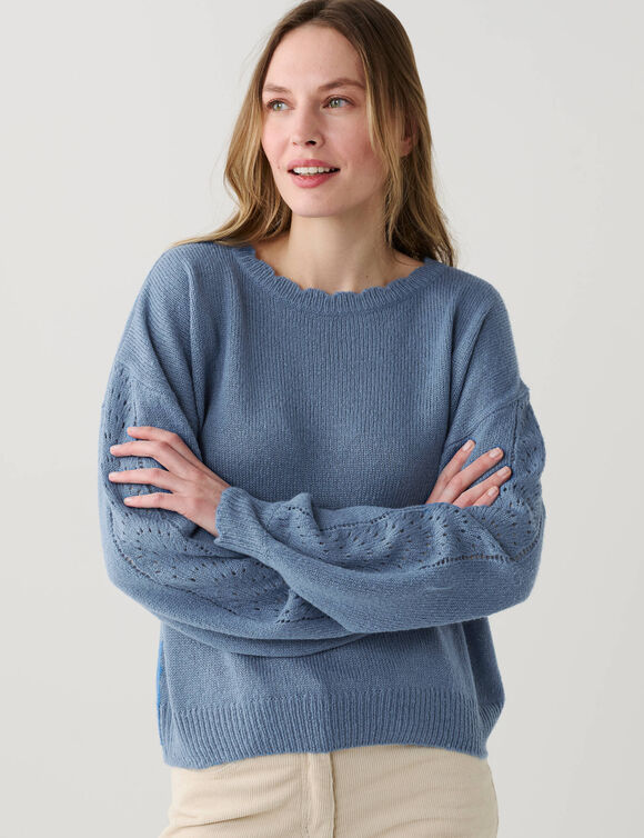 Trui met ronde hals en geschulpte afwerking (denim blauw)