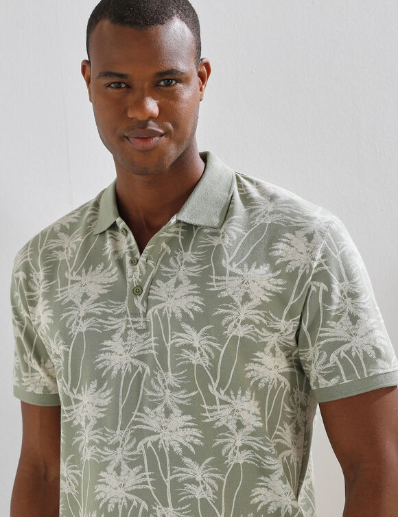 Polo met palmbomenprint en korte mouwen in piqu&eacute;tricot (groen / ecru)